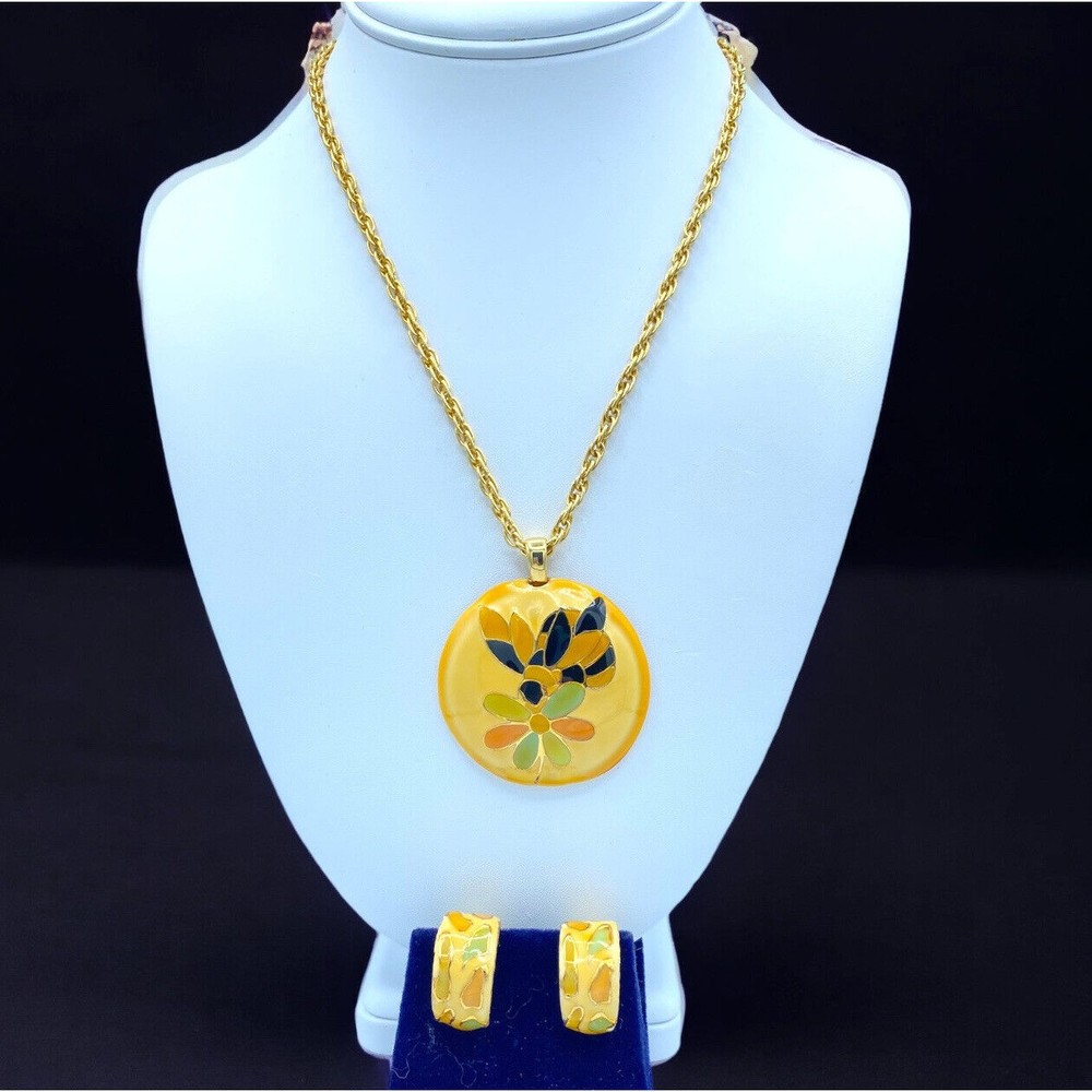 Vintage Cloisonne Enamel Butterfly Pendant Necklace and Clip Earring Set Cottage